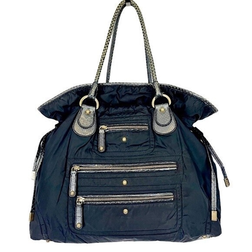 PASHMY MEDIA D Tod’s Black Puffy Nylon Snakeskin Trim Tote